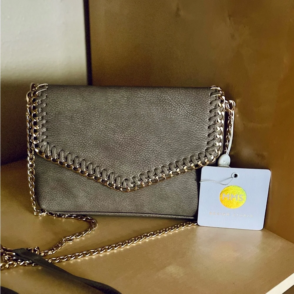 MMS Design Studio Taupe Crossbody Bag with Gold-Tone Chain & Whipstitch Trim - Picture 3 of 10